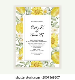 Spring Lemon Flower Watercolor Frame For Background Wedding Invitation