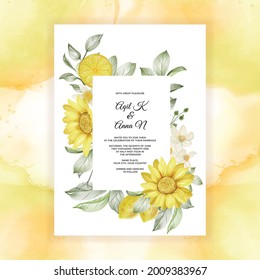 spring lemon flower watercolor frame for background wedding invitation