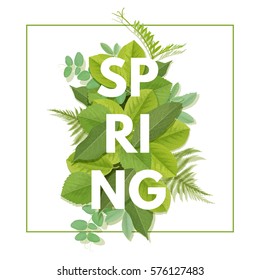 Spring letter with green leaves. Season sale vector label. Foliage lettering. Floral illustration. Springtime poster. For t-shirt, fashion, prints, banner or packaging design