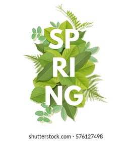 Spring letter with green leaves. Season sale vector label. Foliage lettering. Floral illustration. Springtime poster. For t-shirt, fashion, prints, banner or packaging design