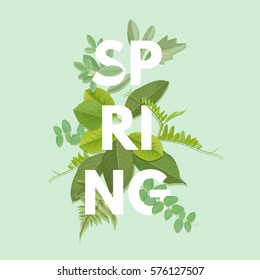 Spring letter with green leaves. Season sale vector label. Foliage lettering. Floral illustration. Springtime poster. For t-shirt, fashion, prints, banner or packaging design