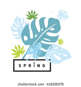 Spring letter with green leaves. Season sale vector label. Foliage lettering. Floral illustration. Springtime poster. For fabric printed, fashion, prints, banner and packaging design