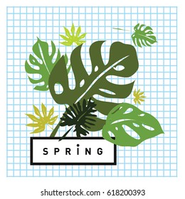 Spring letter with green leaves. Season sale vector label. Foliage lettering. Floral illustration. Springtime poster. For fabric printed, fashion, prints, banner and packaging design