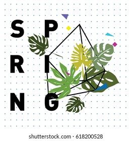Spring letter with green leaves. Season sale vector label. Foliage lettering. Floral illustration. Springtime poster. For fabric printed, fashion, prints, banner and packaging design