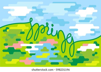 Spring letter on colourful flat background. Handwritten lettering composition. Season vector illustration. Springtime poster. For t-shirt, fashion, prints, banner or packaging design