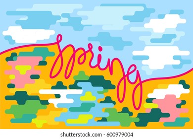 Spring letter on colourful flat background. Handwritten lettering composition. Season vector illustration. Springtime poster. For t-shirt, fashion, prints, banner or packaging design