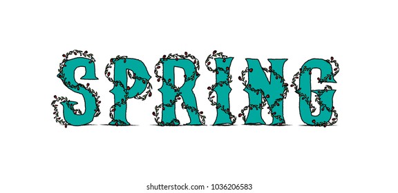 Spring letter typography with paddling flowers around letters, green word, red roses