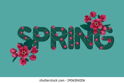 Spring lettering with apple blossom. Vector graphics. Spring soft lettering with red flowers on a sea background