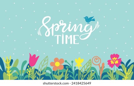 Fondo de las letras de primavera. Flores y plantas de Doodle, frase estacional manuscrita. Plantilla vectorial neoterica de invitación, afiche o anuncio