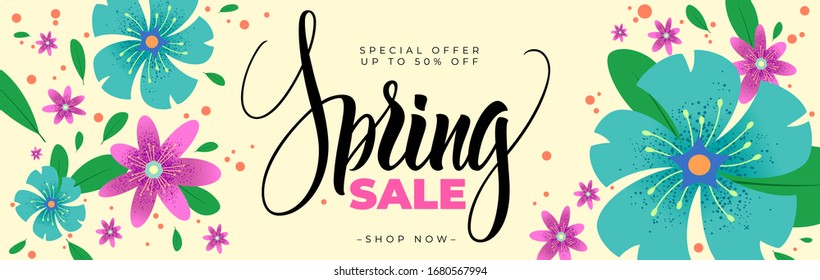 Spring lettering background with flowers. Handwritten modern calligraphy, vector illustration. Template for banner, poster, greeting card, postcard, t-shirts print, web or social media design