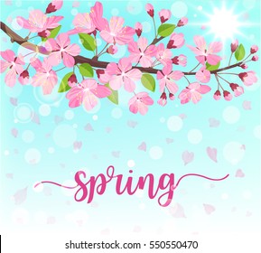 Grabado de primavera. Floreciente brunch de árbol con flores primaverales sobre fondo azul. Ilustración vectorial.