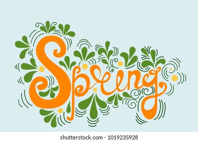spring, lettering, blue background, vector illustration , orange letters