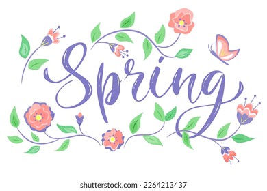 Composición con letras primaverales con flores y mariposa. Ilustración aislada del color del vector.