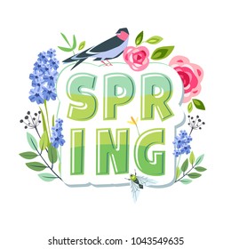 Spring lettering creative greeting card message print sticker with flowers herbs and bird