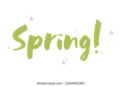 Spring lettering, cutout flowers, green and pink colors, isolated on white background, slogan, typography