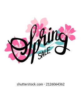 Grabado de primavera. Elementos decorativos de tipografía con flores y hojas decorativas florales. Etiqueta de colores de temporada. Arte de moda cultural juvenil para emblema de camisetas