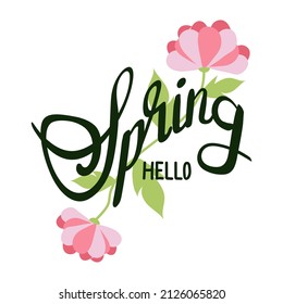 Spring lettering. Decorative typography element with floral decorative leaves and flowers. Season colors label. Young culture fashion art for t-shirt emblem