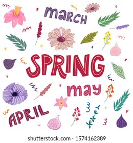 Spring lettering design with hand drawn doodle flowers and leaves.