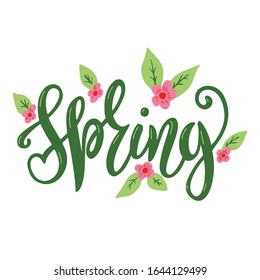 Spring lettering design logo. Decorative typography element with floral decorative leaves and flowers. Season colors label. Young culture fashion art for t-shirt emblem
