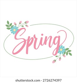 Spring lettering design logo. Decorative typography element with floral decorative leaves and flowers