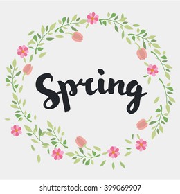 Spring lettering design logo. Decorative typography logo element on spring with floral decorative leaves and flowers. Season colors label. Young culture fashion art for t-shirt emblem