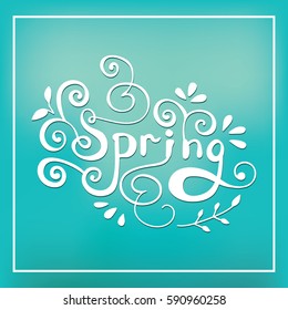 Spring lettering design logo. Decorative typography element with floral decorative leaves on blue background. Season colors label. Fashion art for t-shirt emblem