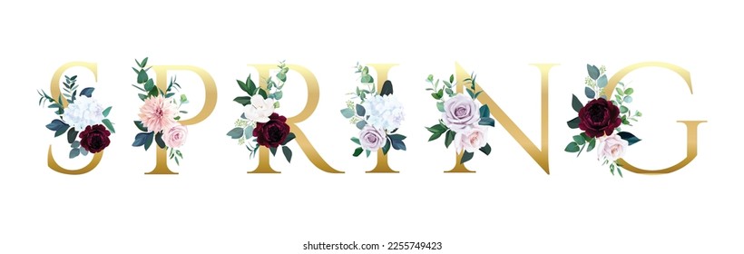 diseño de letras primaverales sobre fondo blanco con texto dorado y hermosa floral