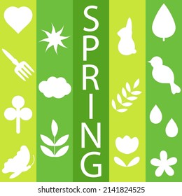 Spring. Lettering and flat drawings of plants and animals on a striped background. Neo geo style. Minimalistic geometric poster made of simple shapes. Vector composition