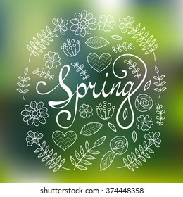 Spring lettering in floral pattern round frame illustration. Vector typography poster.