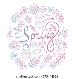 Spring lettering in floral pattern round frame. Vector typography poster.