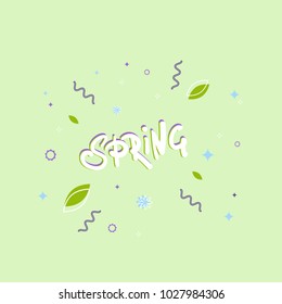 Spring lettering with geometric decorative shapes. Memphis style. Element for graphic design. Vector illustration.