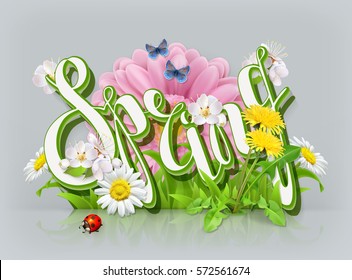 Spring lettering. Grass and flowers 3d vector icon