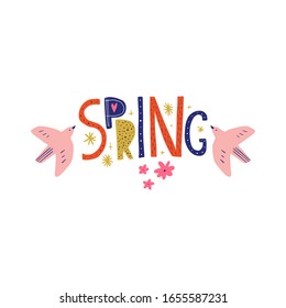Spring lettering greeting card. Birds with folk nordic floral ornaments. Paper cut animals in flat modern scandinavian style. Hand drawn colored set. Hygge and lagom design concept. Vector EPS clip