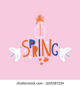 Spring lettering greeting card. Birds with folk nordic floral ornaments. Paper cut animals in flat modern scandinavian style. Hand drawn colored set. Hygge and lagom design concept. Vector EPS clip