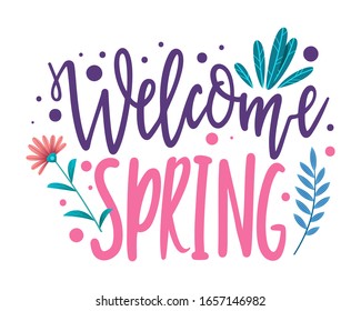Spring lettering. Hand drawn sketched logotype, badge typography icon. Spring season with leaf for greeting card, invitation template. Vector illustration of lettering on a white background