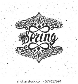 Spring lettering. Hand drawn vector illustration, greeting card, design, logo.