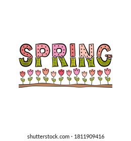 Grabado primaveral con tulipanes dibujados a mano. Logo rosa para tarjeta o pancarta. Ilustración del vector sobre fondo blanco