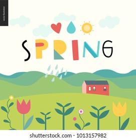 Spring lettering and landacape with hills, house, plants and rain