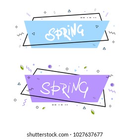 Spring lettering on geometric vivid banners. Memphis style. Element for graphic design. Vector illustration.