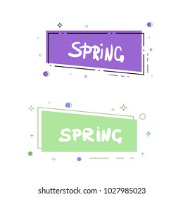 Spring lettering on geometric vivid banner. Memphis style. Element for graphic design. Vector illustration.