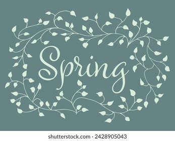 Letras de primavera sobre fondo verde, claro, suave, mudo, marco de rama de árbol floral, hoja, plantas. Decoración elegante, estética y con estilo. Dibujo a mano de garabatos de elementos botánicos. 