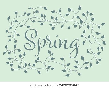 Letras de primavera sobre fondo verde, claro, suave, mudo, marco de rama de árbol floral, hoja, plantas. Decoración elegante, estética y con estilo. Dibujo a mano de garabatos de elementos botánicos. 
