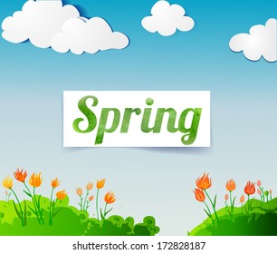 "Spring" lettering on spring landscape. Vector illustration. 