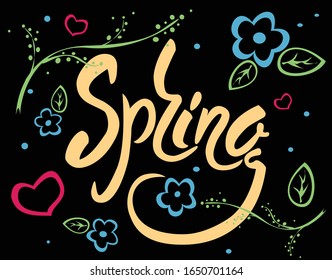 Frühlingsbriefe auf schwarzem Hintergrund mit floraler Dekoration