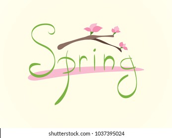 Spring lettering with pink sakura flower on a tree stick. Logo symbol pictogram of spring happiness holiday life fresh breath. Template vector illustration isolated for web app print high quality.