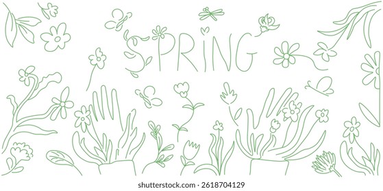 spring lettering and romantic elements in doodle style. Template for background, wallpaper, banner, backdrop, decoration