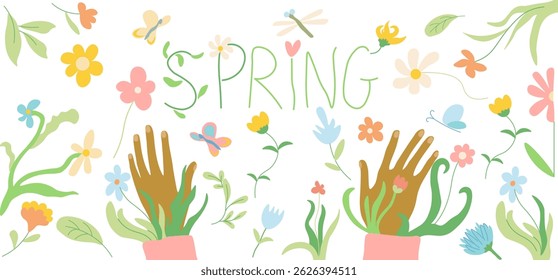 spring lettering and romantic elements in doodle style. Template for background, wallpaper, banner, backdrop, decoration