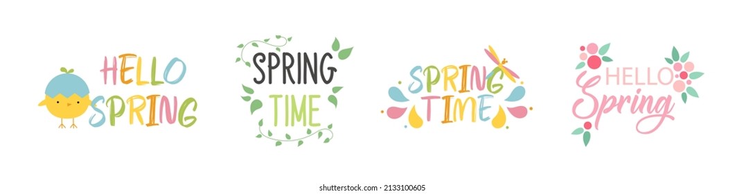 Spring lettering set. Colorful splashes, patterns, specks, elegant foliage and cute berries. Design elements for banner, poster, greeting and invitation card. Flat vector illustration