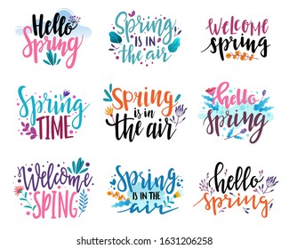 Spring lettering set. Hand drawn emblems with phrases and flowers on a white background. Vector illustration