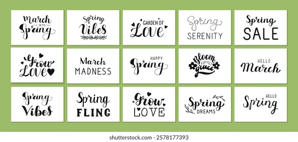 Spring lettering set with hand-drawn elements and decorative designs, perfect for seasonal greeting card invitations, posters, and digital projects. Calligraphy black handwritten words for springtime